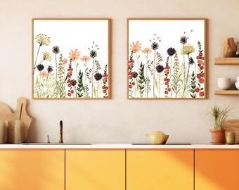 Square Printable Wall Art Set of 2 Prints, Watercolor Floral Print Set: Flower Art Print (Digital Download)