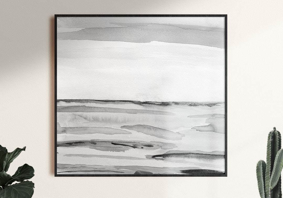 Black and White Watercolor Print, Ocean Wall Art, Square Print Abstract ...