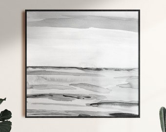 Black and white watercolor print, ocean wall art, square print abstract art, digital print download, printable wall art landscape, above bed