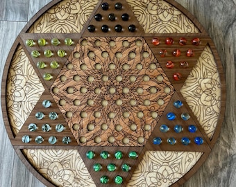 Tablero de damas chinas de madera artesanal: un juego familiar de reliquia