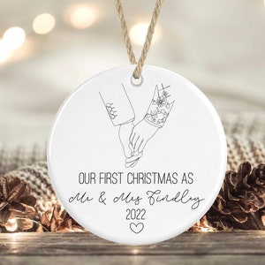 Our first Christmas as Mr & Mrs ceramic ornament, Personalised ornament, Christmas ornament, Christmas gift, Married, Line art