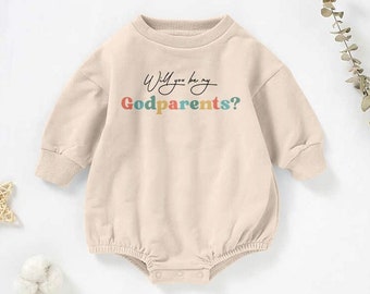 Long Sleeve Baby Romper Sweater, Will you be my Godparents, Bubble Bodysuit, Personalised Custom baby bodysuit, Pregnancy Announcement