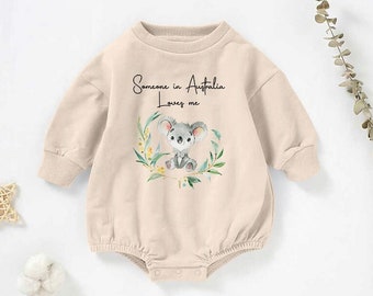 Long Sleeve Baby Romper Sweater, Someone In Australia Loves Me, Bubble Bodysuit, Overseas Baby Gift, Koala Australiana, Baby Keepsake