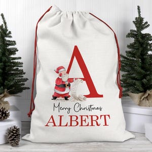 Saco de Papá Noel personalizado, saco de Papá Noel de lino, recuerdo de Navidad, bolsa de Navidad, alfabeto de letras de Papá Noel, calcetín de Navidad, regalo de Navidad