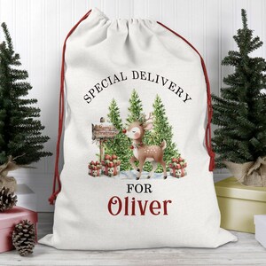 Puede incluir: Bolsa de regalo de Navidad blanca con cordón de ajuste rojo, con una ilustración de acuarela de un reno en un bosque nevado con el texto "Entrega especial para Oliver".