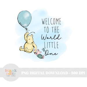 Klassische Winnie the Pooh png, Pooh Bär, Willkommen Baby, Transferpresse, Digital Download, Sublimation Download, Einladung, Karte, Babypartygeschenk