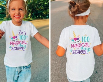Camiseta de los 100 días mágicos de la escuela, camiseta de los primeros 100 días, camiseta personalizada de unicornio, camiseta escolar, regalo de recuerdo de la escuela infantil