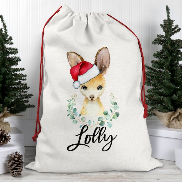 Kangaroo Christmas sack, Personalised Santa sack, Christmas Keepsake, Aussie Animals, Christmas bag, Drawstring Bag, Linen Xmas Bag