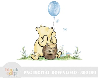 Classic Winnie the Pooh garden png, Pooh Bear, Birthday, Heat Press, Digital Download, Sublimation Download, Invitation, Card, Cake Topper