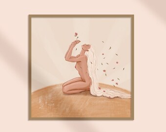 Sunshine Wall Art Naked Woman Art Print Minimalist Poster Summer Boho Decor Warm Colors