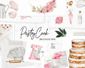 Clipart de padaria doméstica em aquarela Design de logotipo de padaria desenhado à mão DIY Confeitaria clipart em aquarela Bolos de casamento e cupcakes clipart