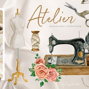 Watercolor vintage sewing kit clip art. Branding kit, sewing machine, needle, stitching, scissors DIY clipart.