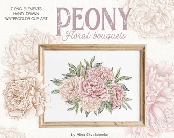 Watercolor romantic peonies bouquets clipart Gentle floral illustrations Pastel pink peony flowers png Wedding DIY invitation clipart