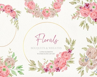 Watercolor floral and greenery clipart Summer pink peony and rose floral gold wreaths and bouquets and arrangements Wedding invitation set