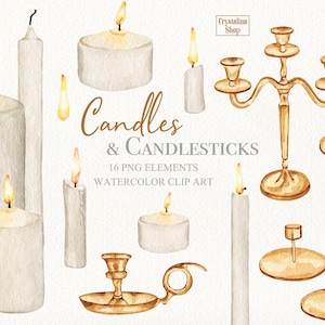 Aquarell Kerzen & Kerzenhalter Clipart gold silber Weihnachten DIY Grußkarte Design Urlaub Kerze Feuer Clipart Hochzeit Design Clipart