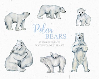 White Polar Bears Watercolor Illustrations Clip Art. Arctic Babies Bears DIY Posters, Baby Shower, Winter Snow Bears