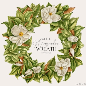 Watercolor white magnolia wreath clipart Floral white wreath clipart Magnolia floral wreath logo png Wedding DIY invitation clipart