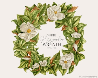 Watercolor white magnolia wreath clipart Floral white wreath clipart Magnolia floral wreath logo png Wedding DIY invitation clipart