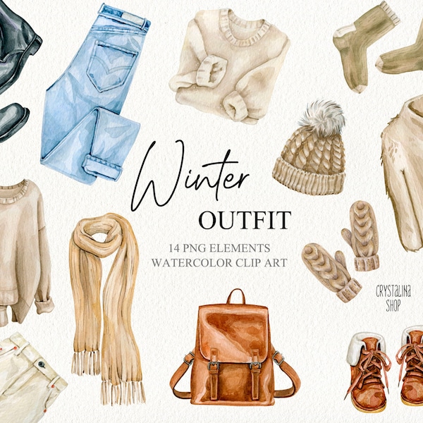 Watercolor winter autumn fashion woman's outfit Fall and winter fashion look Casual clothing style Winter fashion clipart Sweater clipart