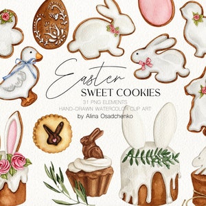 Illustrazione di clipart dei biscotti dei dolci pasquali dell'acquerello Coniglietto di cioccolato pasquale e uova png Clipart di pane e torta di Pasqua Cibo di buona Pasqua