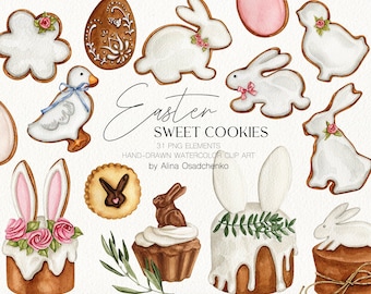 Watercolor Easter sweets cookies clipart illustration Easter chocolate bunny and eggs png Easter bread and cake clipart Happy Easter food