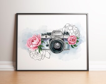 Watercolor photography PRINTABLE wall art poster Vintage camera print peony flowers Wall art decor Photography with flowers poster