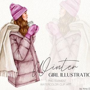 Ragazza di moda invernale in cappello in stile acquerello con tazza di caffè Carta regalo dell'amica della ragazza Sublimazione PNG Design