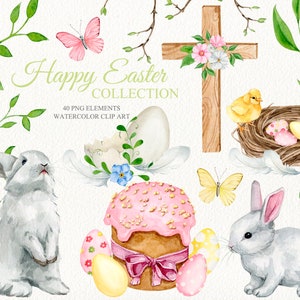 Illustration aquarelle de clipart de pâques de source. Lapin de Pâques mignon et pince d’oeufs. Fleurs et feuilles de printemps. Ensemble heureux de fabrication de carte de Pâques.