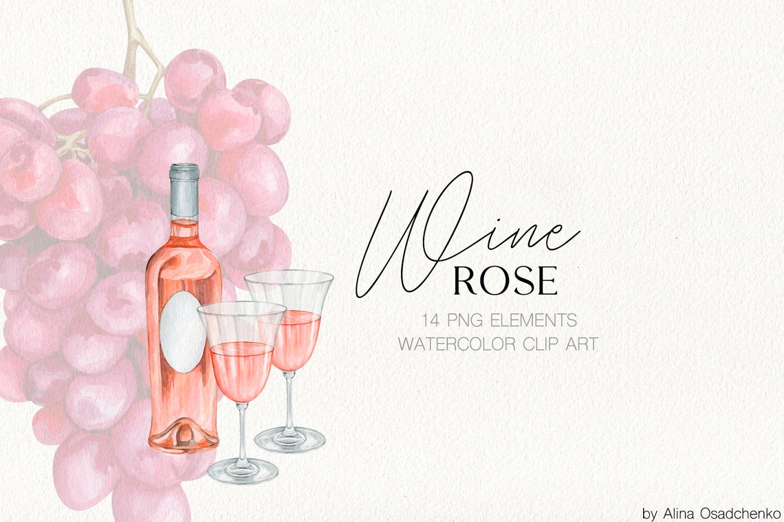 Watercolor Rose Pink Wine Clipart Romantic Glass of Rose Wine Etsy