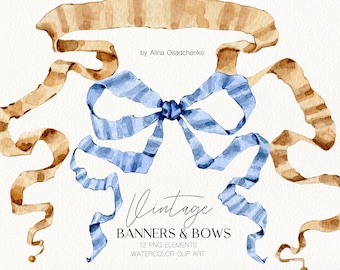 Watercolor vintage ribbon banners and bows clipart Birthday party banners Wedding invitations Graphics for scrapbooking and planner stickers