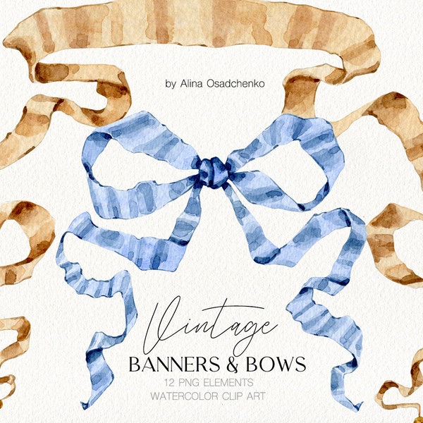 Bannières de ruban vintage aquarelle et arcs clipart Bannières de fête d'anniversaire Invitations de mariage Graphiques pour le scrapbooking et les autocollants de planificateur