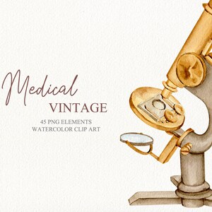 May include: Vintage watercolor illustration of a gold and gray microscope. The microscope has a round lens and a long, thin tube. The image is part of a set of 45 PNG elements for medical vintage watercolor clip art.