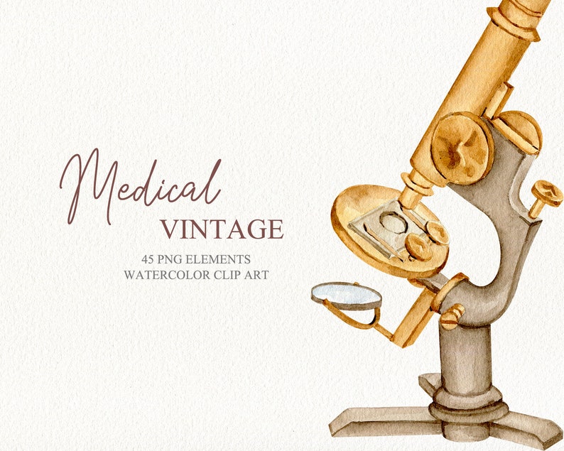 May include: Vintage watercolor illustration of a gold and gray microscope. The microscope has a round lens and a long, thin tube. The image is part of a set of 45 PNG elements for medical vintage watercolor clip art.