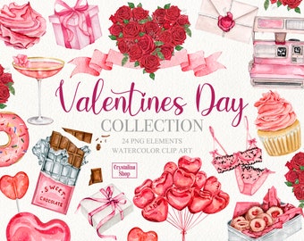 Watercolor Valentines Day Love Clipart. Hand painted red and pink watercolor romantic clip art. Valentines day red heart illustrations