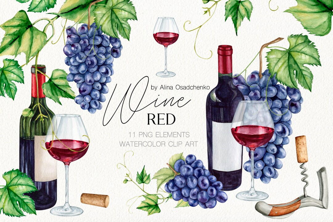 Watercolor Red Wine Clipart Romantic Glass of Red Wine and Red Grapes ...