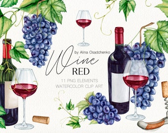 Watercolor red wine clipart Romantic glass of red wine and red grapes Restaurant drink menu logo printable clip art Wine tasting invitation