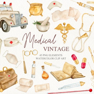 May include: Vintage medical watercolor clipart set with 45 PNG elements. Includes a doctor's coat, a stethoscope, a vintage ambulance, a mortar and pestle, a thermometer, a syringe, a bottle of medicine, a book, a bandage, a pill, a medical mask, a pair of glasses, a scalpel, a medical symbol, and a nurse's hat.