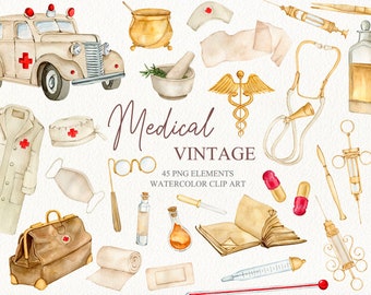 Watercolor medical clipart in vintage style Ambulance healthcare kit Vintage Medical supplies Nurse Doctor uniform Medicine Face mask