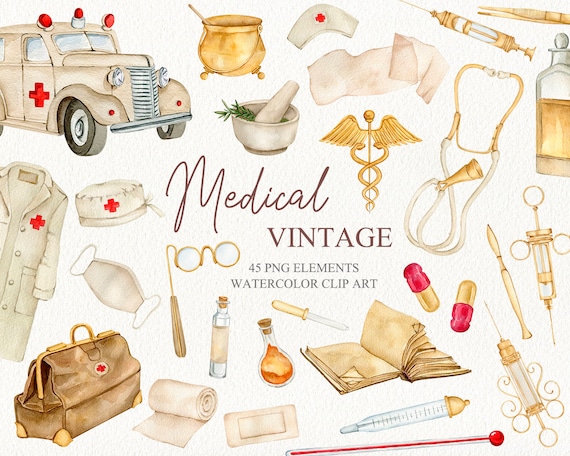 Watercolor medical clipart in vintage style Ambulance healthcare kit Vintage Medical supplies Nurse Doctor uniform Medicine Face mask