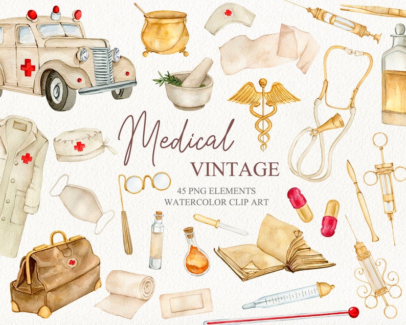 May include: Vintage medical watercolor clipart set with 45 PNG elements. Includes a doctor's coat, a stethoscope, a vintage ambulance, a mortar and pestle, a thermometer, a syringe, a bottle of medicine, a book, a bandage, a pill, a medical mask, a pair of glasses, a scalpel, a medical symbol, and a nurse's hat.