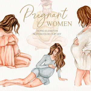 Clipart de mulheres grávidas em aquarela. Clipart de gravidez e maternidade png. Clipart de chá de bebê. Clipart DIY para o dia das mães. Ilustra??o da m?e
