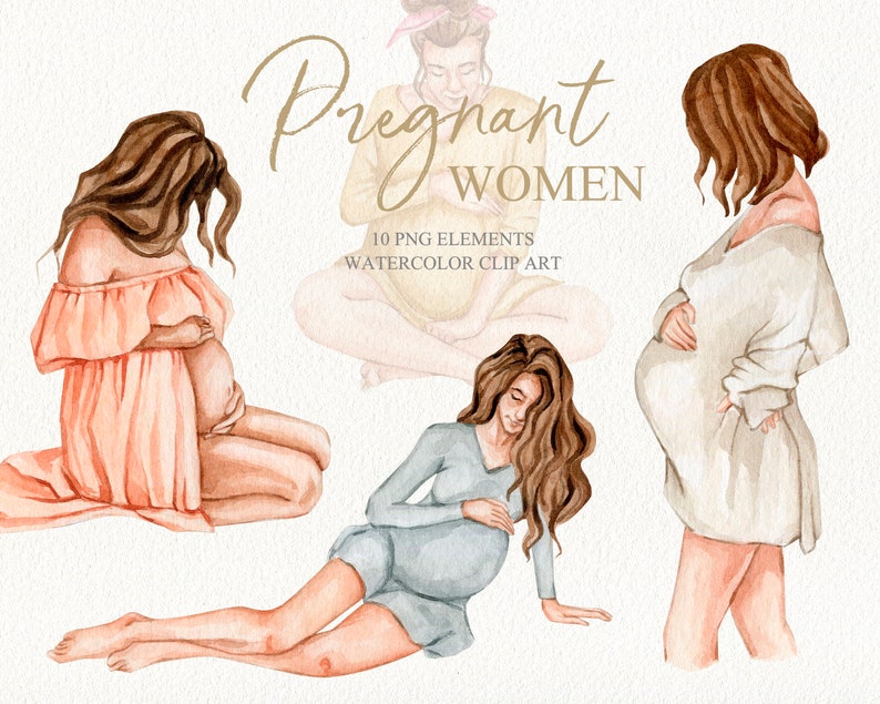 May include: Watercolor illustration of three pregnant women in various poses. The women are wearing different styles of clothing, including a pink dress, a blue dress, and a white sweater. The illustration is titled "Pregnant Women" and includes the text "10 PNG Elements Watercolor Clip Art".