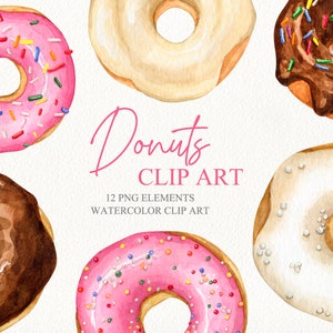 Watercolor donuts clipart. Sprinkle pink and chocolate donut illustrations. Bakery printable clip art Birthday party clipart