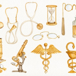 May include: A set of vintage medical illustrations, including a stethoscope, hourglass, magnifying glass, microscope, and a symbol of medicine. The illustrations are painted in watercolor with gold accents.