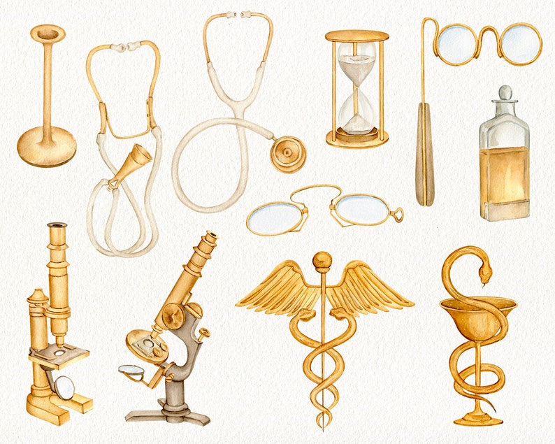 May include: A set of vintage medical illustrations, including a stethoscope, hourglass, magnifying glass, microscope, and a symbol of medicine. The illustrations are painted in watercolor with gold accents.