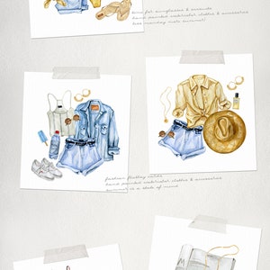 Pode incluir: Ilustra&ccedil;&otilde;es em aquarela de roupas e acess&oacute;rios de ver&atilde;o, incluindo trajes de banho, shorts jeans, tops, vestidos e sand&aacute;lias. As imagens tamb&eacute;m apresentam &oacute;culos de sol, joias e uma c&acirc;mera, tudo disposto em cart&otilde;es brancos.