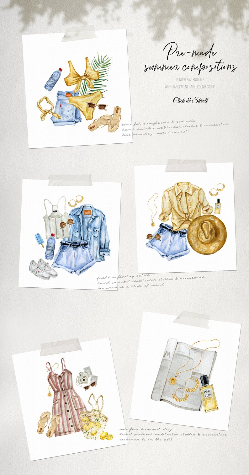 Pode incluir: Ilustra&ccedil;&otilde;es em aquarela de roupas e acess&oacute;rios de ver&atilde;o, incluindo trajes de banho, shorts jeans, tops, vestidos e sand&aacute;lias. As imagens tamb&eacute;m apresentam &oacute;culos de sol, joias e uma c&acirc;mera, tudo disposto em cart&otilde;es brancos.