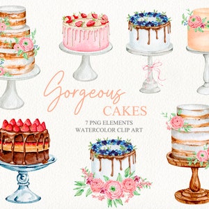 Clipart de bolo de casamento em aquarela Clipart digital de festa de bolo de aniversário Clipart de bolo rosa pastel com frutas e flores