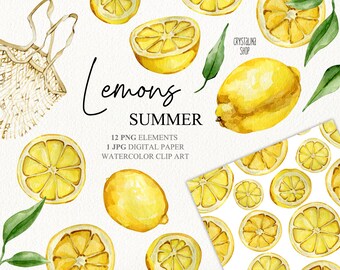 Watercolor lemons clipart Summer fruits clipartLemon kitchen decor String bag eco friendly Citrus wedding DIY lemon scrapbook Digital paper
