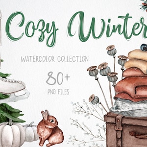 Watercolor cozy winter clipart. Christmas and New Year DIY decor clipart. Holiday Xmas clipart. Christmas tree, forest animals greeting card